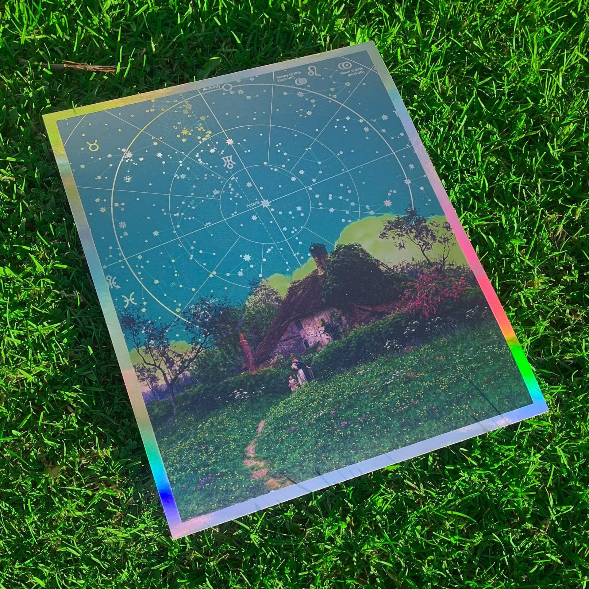 A star chart on the grass, displaying celestial bodies and their positions.