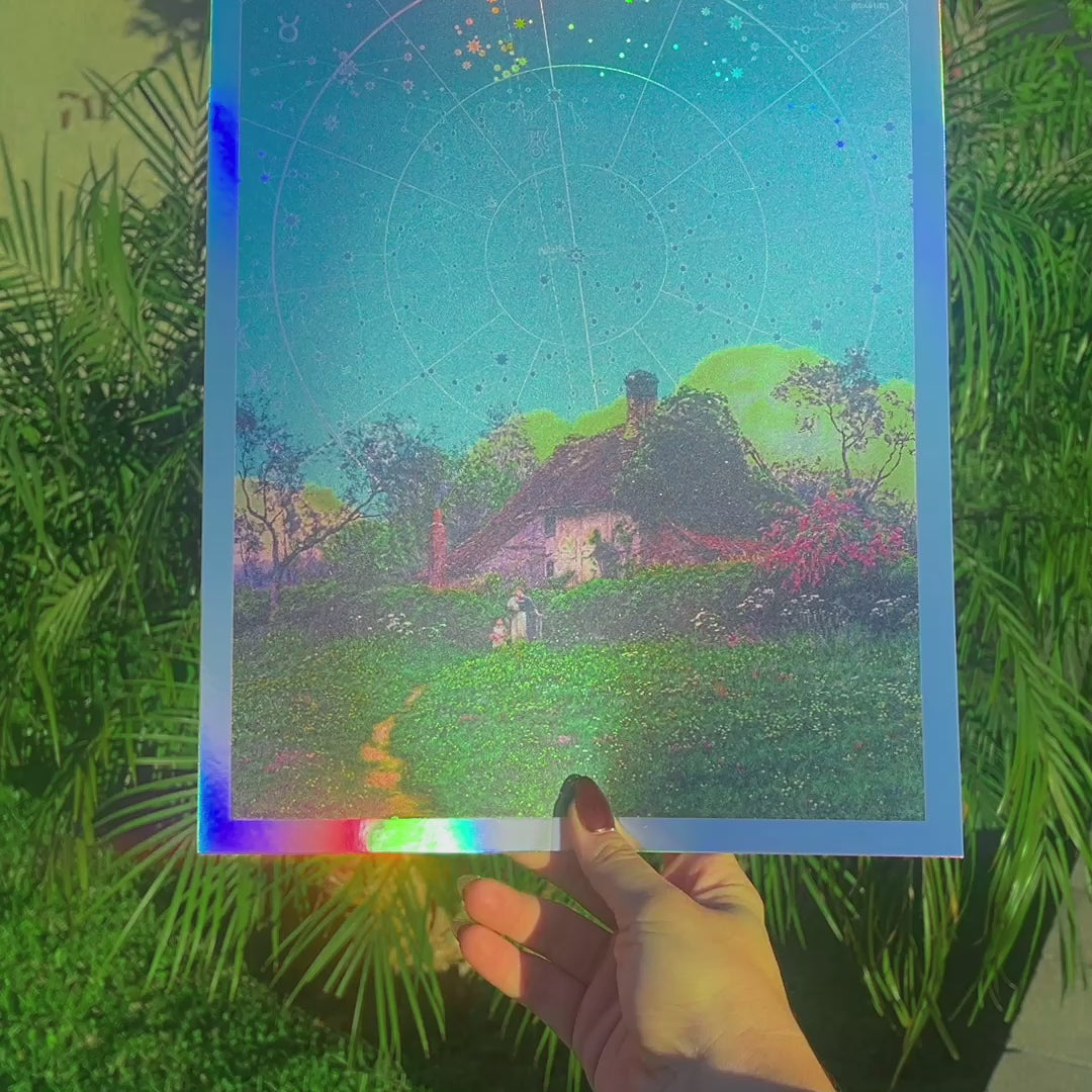 A star chart on the grass, displaying celestial bodies and their positions in a holographic print.